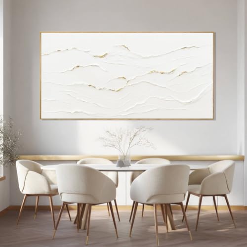WINKAILIN Large Wavy Line White Abstract Wall Art with Frame Minimalist Modern Hand drawn Painting Textured Poster for Living Room Dining Room Bedroom Decor 29"x58" - color: White and Gold, size: 58"L x 29"W