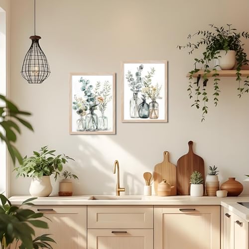 Framed Boho Eucalyptus Wall Art 2Pcs,Sage Green Plant and Flower in Glass Vase Canvas Prints, Minimalist Botanical Painting Picture, Nature Poster Artwork for Living Room,Bathroom, Kitchen Wall Decor 16X20IN - color: Boho Eucalyptus Framed, size: 20"L x 1