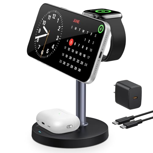 3 in 1 Magnetic Wireless Charging Station, 15W Fast Charger Stand for iPhone, Phone Charger Stand for Desk Nightstand, for iPhone 17/16/15/14/13/12, Apple Watch & AirPods, 18W Adapter Included -Black - color: Black