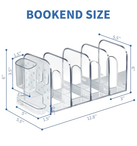 Clear Bookends, 12.8" Removable Book Ends for Heavy Books, 3 Dividers Bookends with Removable Pen Holder, Tray, and 2 Hook-up, Book Organizer for Office, School, Bookstore, Home - color: Clear
