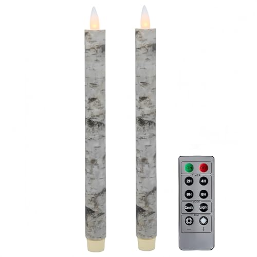 Flameless Taper Candles Flickering with Remote and Timer, 3D Moving Flame Taper Candle Battery Operated to 400 Hours, 9 Inch Window Candles, (Birch Bark) - color: Birch Bark