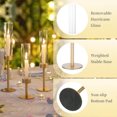 Hewory Gold Candle Holders - 6Pcs Brass Hurricane Candlestick Holders with Glass Candle Cover for Wedding Table Centerpiece Christmas Decor - color: Matte Gold, size: 6pcs
