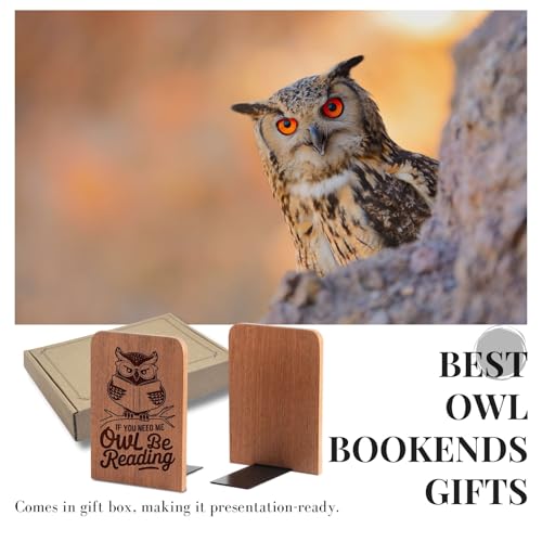 Owl Gifts for Women Men, Owl Bookends, Heavy Duty Wooden Book Ends for Shelves Decorative(1 Pair, 4.72x6.69 Inches)