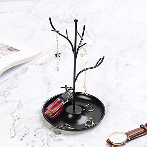 ChezMax Jewelry Display Necklace Earring Organizer Holder Metal Birds Tree Stand with Tray Antique Bracelet Rings Rack Tower Decoration for Women Girl Black 9.4 Inch - color: C-black