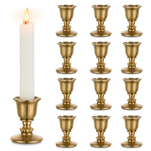 Vintage Candlestick Candle Holders Brass - Romadedi Taper Gold Candle Stick Victorian Style for Table Centerpiece Wedding Reception Festive Christmas Mantel Decoration or Home Decor Set of 12 - size: 12 PCS