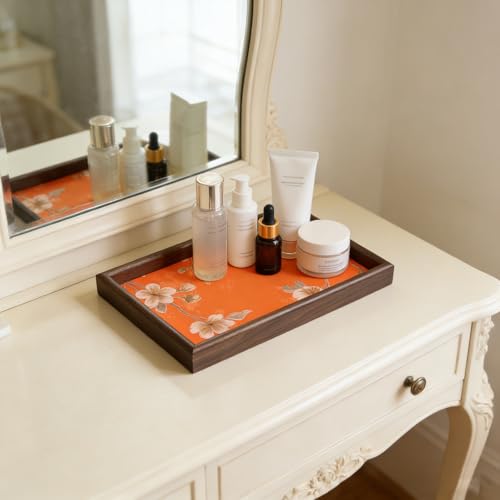 Wooden Valet Tray with Floral Base, EDC Catch All Tray Nightstand Entryway Table Vanity Organizer 11.8x7.9, Orange Vintage Blossoms - color: Orange Blossoms