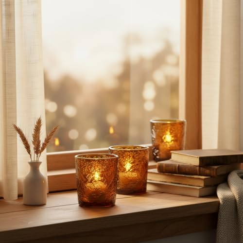 12 Pack Hummingbird Embossed Glass Candle Holders – Votive Tealight Holders with Patent Design, Decorative Embossed Glass Cups for Wedding Centerpieces, Parties, and Home Décor (Chestnut Brown) - color: Chestnut Brown