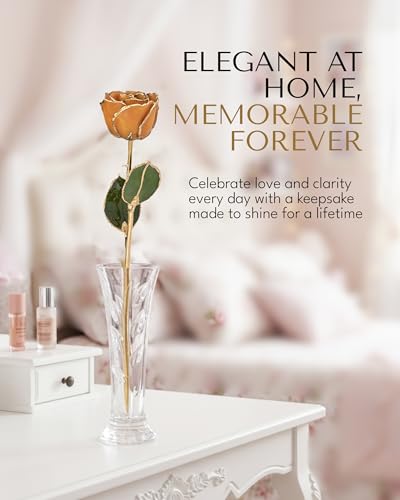 Forever Rose Hand-Dipped in 24K Gold, Golden Topaz-Inspired November Birthstone with Sparkles, Real Rose in Gold Gift Box & Clear Glass Bud Vase, Perfect Ready for November Birthday or Any Occasion - color: November Topaz