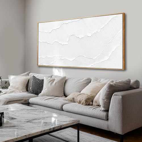 Contemporary White Abstract Hand-drawn Wall Art with Framed Large Canvas Ocean waves Painting for Living Room Bedroom Above Couch Decor 29"x58" - color: White, size: 58"L x 29"W