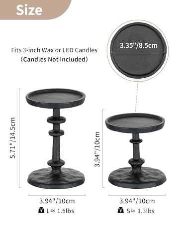 NUPTIO Pillar Candle Holder Black: Solid Cast Iron Candle Stand for 3 Inch Pillars - Handcrafted Hammered Candleholder for Thanksgiving Christmas Fireplace Mantle Decor - color: Black
