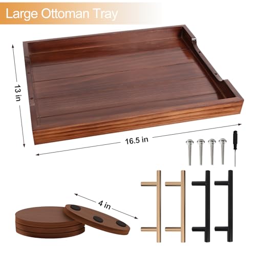 SXNOWS Ottoman Tray, Large Wooden Serving Tray with 2 Sets of Handles for Coffee Table, Rustic Living Room Kitchen Decor, 4 Round Coasters Included, Dark Brown - color: Rustic Brown