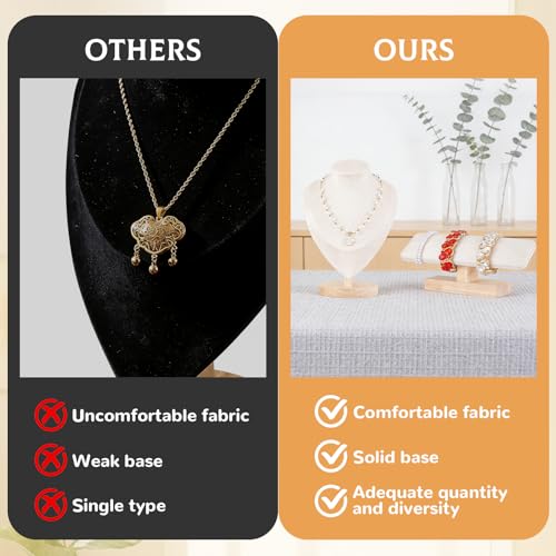 Rainmae 4 Pcs Jewelry Display Set, Necklace Display Stand and T Bar Bracelet Holder, Wooden Necklace/Watch/Bracelet Display Rack, Jewelry Bust for Selling for Vendors Home Trade Organizer (Medium)