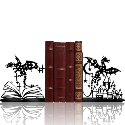 2Pcs 2 Styles Metal Dragon Bookends Black Book Stopper Fantasy Dragon Pattern Black Decorative Heavy Duty Metal Book Ends for Shelves Office Desk Organizer Stylish 7.48 x 6.3 x 1.18 Inch - color: Dragon