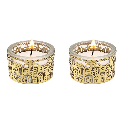 Yair Emanuel Tea Light Candle Holders for Shabbat | Shabbos Candlestick Holders | Glass with Metal Decoration (Jerusalem Gold CSX-4) - color: Jerusalem Gold Csx-4