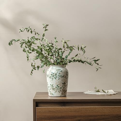 Vintage Pastoral Green Round Ceramic Vase 7.8”, Ice Crack Chinoiserie Floral Vase, Rustic Decor for Living Room, Bookshelf, Office, Table Centerpiece - color: 09-green and Beige