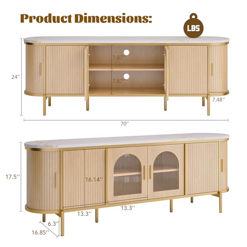 MXV 70" Fluted TV Stand for TVs up to 80", Mid Century Modern Entertainment Center with Sliding Doors & Glass Door, TV Console Table with Faux Marble Top for Living Room, Oak - size: 70IN