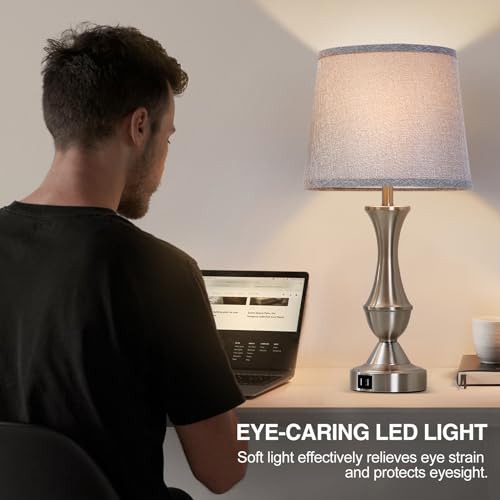 Touch Table Lamps Set of 2, 22" Tall Bedside Lamps, Nightstand Lamps with USB C+A Charging Ports, Dimmable Lamp for Bedrooms, Living Room, Office, Silver Lamp with Grey Lampshade, Bulbs Included - color: Silver,Grey, size: 22in