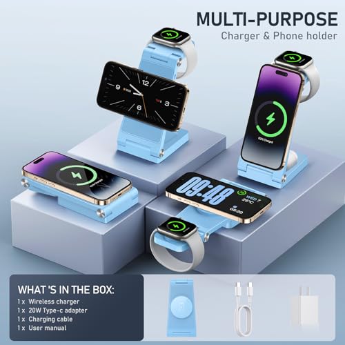 Magnetic Wireless Charger Stand, 3 in 1 Foldable Wireless Charging Station, Travel Charger for Multiple Devices for iPhone 16 15 14 13 12 Series, Apple Watch Ultra/SE/9/8/7/6/5/4/3/2, AirPods - color: Light Blue