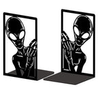 Peacoblue Metal Bookends for Shelves, Modern Decorative Heavy Duty Study Book Ends Stoppers for Office, Desk, Shelf, Room 5.3"x4.3"x7.9" Cast Iron Simple Tall Bookends 1 Pair (Aliens) - style: Alien