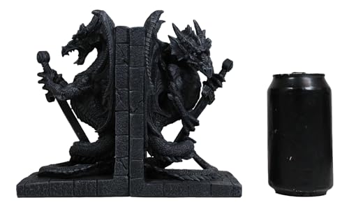Ebros Gothic Excalibur Sword Guardian Dragon Pair Bookend Set of Two Figurine Faux Stone Sculpture As Renaissance Medieval Fantasy Decor Ancient Serpent Drake Creature for LOTR GOT Fans