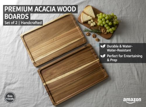 2 PCS Solid Acacia Wood Serving Trays Rectangular Wooden Serving Platters Natural Wooden Boards for Bar Coffee Party 13.5 * 9.5 inch (13.5 * 9.5)
