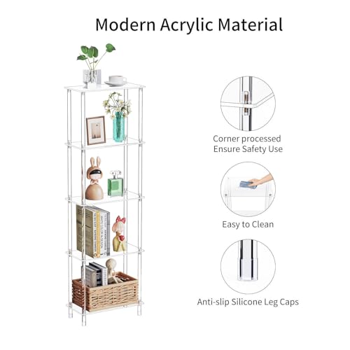 Clear Acrylic Narrow Side Table for Small Spaces, 15.75" L x 7.87" W x 50.7" H, 5 Tier Rectangle Slim End Table Nightstand, Small Mini Skinny Bedside Table for Bedroom, Bathroom, Living Room - size: 5 Tier 1-Pack