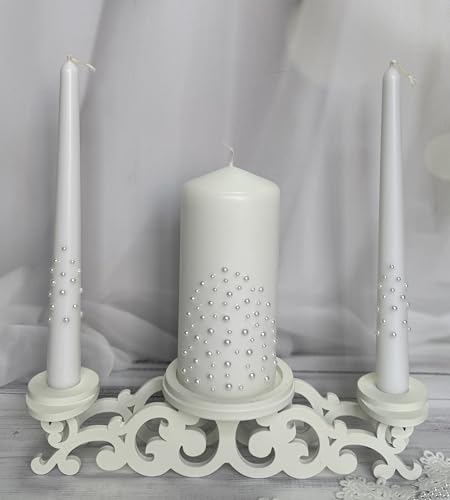 Unity Candle Set - Wedding Ceremony & Reception – 6” Pillar & Two 10” Taper Candles – Long Burning Unity Candles for Marriage Ritual – Handmade in USA – White| Pearls