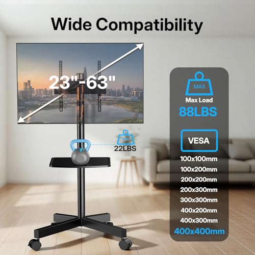 PERLESMITH Rolling TV Stand for 23-63 Inch Flat/Curved Screen TVs up to 88 lbs, Mobile TV Stand on Wheels, Portable TV Stand with Tilt & Height Adjustable,Outdoor TV Stand Max VESA 400x400mm PSTVMC10 - size: 23-63 Inch