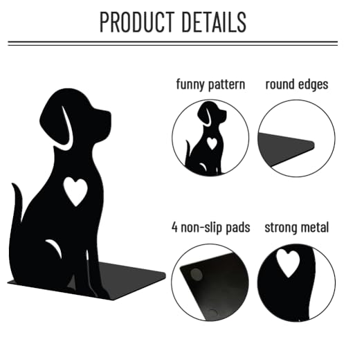 WADORN Dog Metal Bookends for Shelves Decorative 1 Pair, Puppy Heavy Duty Books End Support Non-Skid Book Holder Animal Black L-Shaped Book Stopper for Home Office Desk Books Divider, 4.7x3.5x7 Inch - color: Dog Heart