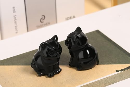 QINJIEJIE Black Obsidian Cat Decor Statue Carved Stone Figurine Healing Crystals Gift Natural Gemstone Home Sculpture Office Room Desk Decoration Sitting Black Cat Gifts for Men Stocking Stuffers - color: N-black Obsidian, size: 1.5 inches