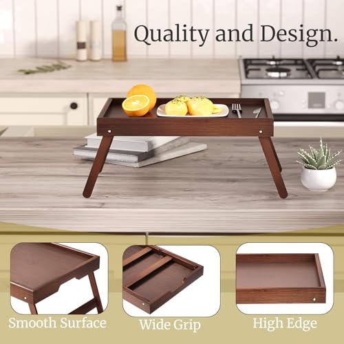 VERTORGAN 3 Pack Bamboo Bed Tray Table with Folding Legs,Breakfast Trays,Serving Tray,Laptop Tray for Working,Food Snack Tray for Bed and Sofa(Brown) - color: Brown