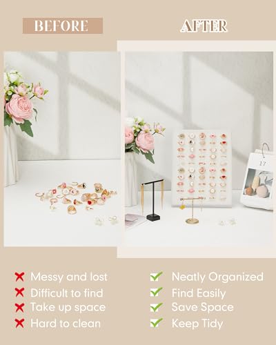 Henoyso 4 Pcs Velvet Ring Display 50 Slots L-Shaped Ring Display Stand Tray Holder for Selling Earring Jewelry - color: Beige