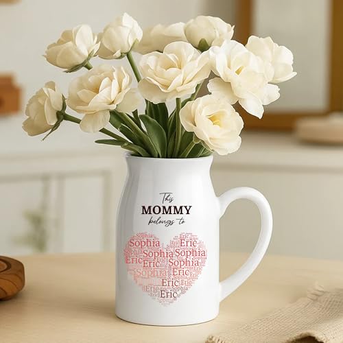 Personalized Mommy Heart Vase - Custom This Mommy Belongs to Flower Vase with Heart Word Cloud of Kids Names, Unique Gift for Mom, Nana, Gigi, Mother's Day, Birthday - color: Style 02