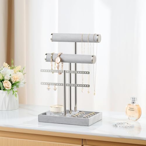 bussdis 3 Tier Bracelet Holder Display - Detachable T Bar Grey Velvet Bracelet Holder, Jewelry Holder Organizer for Bracelet, Necklace, Earrings, Rings - color: Grey, size: Standard