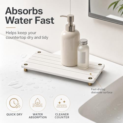 Razborci Instant Dry Sink Caddy Kitchen Sink Organizer, Quick Drying Stone Tray Diatomite Sponge Holder Soap Dish, Bathroom Countertop Fast Dry Water Absorbing Vanity Rack, Gold White, 12" x 5" - color: 1. Gold - White, size: 12" x 5" x 1"