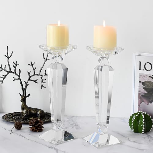 Crystal Candle Holders Set of 2,Crystal Taper/Pillar Candlestick Holders,Ultra Elegant & Modern Centerpiece Home Décor,Wedding(12inch Tall) - size: 12"
