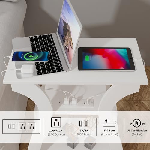 FROMJBEST End Tables Living Room, White End Table with Charging Station,White Side Table, Nightstand for Bedroom, 3 Tier End Table with Storage Shelf for Living Room - color: White01