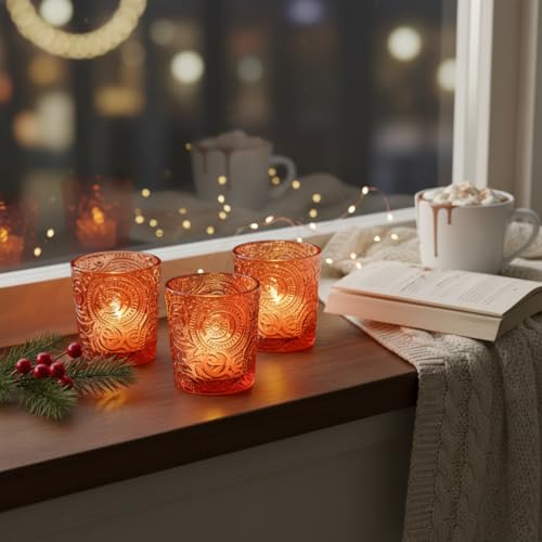 12 Pack Patented Sun Moon Star Embossed Glass Tea Light Candle Holders - Unique Votive Candle Holders for Wedding, Party, and Table Centerpieces (Pumpkin Spice) - color: Pumpkin Spice