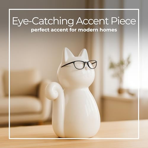 Ceramic Cat Figurine Sculpture – White Porcelain Stoneware Statue with Modern Glam Minimalist Design – Home Decor Accent for Bookshelf, Coffee Table, Bedroom, Office & Living Room – 8", White - size: 8.0" H