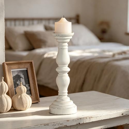 Farmhouse Rustic Candle Holder for Pillar Candle, Vintage White Wooden Pillar Candle Holder, Antique Candlestick Holder for Dining Table, Coffee Table, Or Any Table Top (1Piece, 4.7" x 4.7" x 13.6") - size: 4.7" x 4.7" x 13.6"