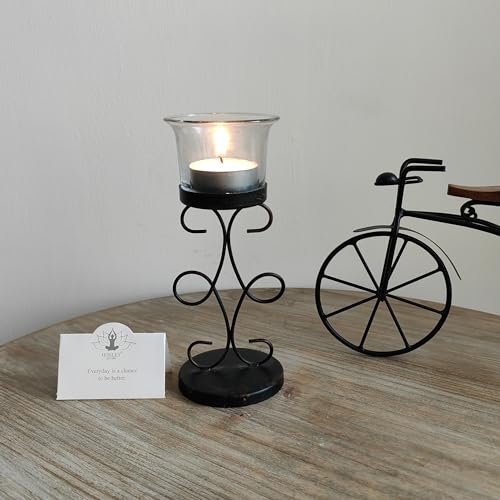 Hosley Bulk Buy Set of 6 Metal & Glass Tea Light Candle Holders for Home Decor, Lighting, Wedding, Parties, Gifting, LED Tea Light Gardens - color: Black