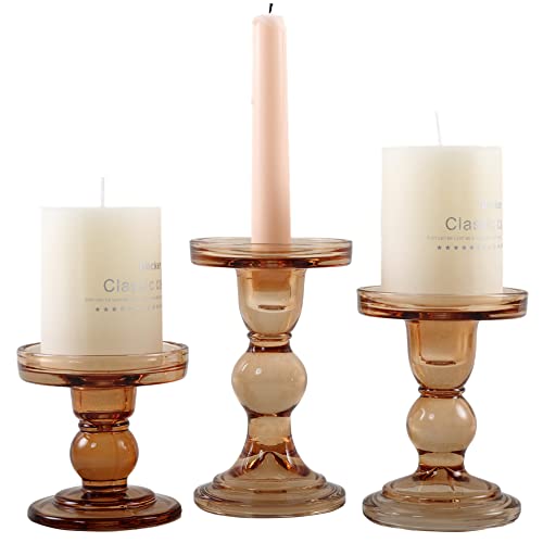GMWD 3 Pcs Glass Candle Holder Set Clear, Amber Candlesticks Holders Pillar Taper Candles Tealight Stand for Wedding Centerpieces Home Decorations Dining Table - color: Amber