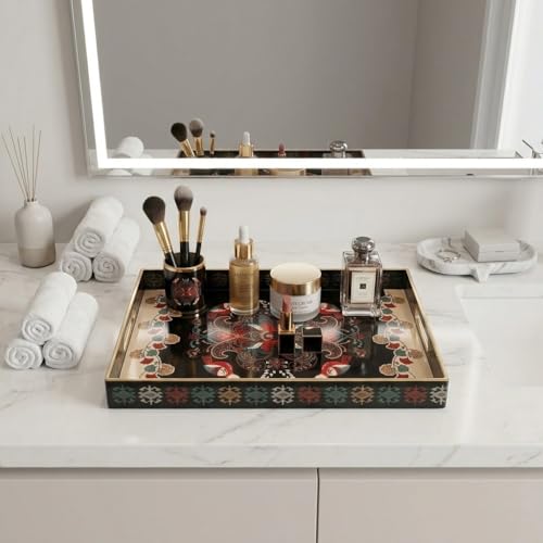 15.8" x 11.8" Black Plastic Serving Tray with Handles, Bohemian Folk Art Bird & Mandala Pattern with Gold Trim, for Ottoman, Coffee Table, Vanity - color: Bohemian Folk Art Bird & Mandala Pattern