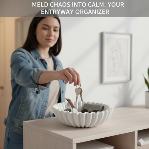 Hand-Poured Solid Concrete Decorative Bowl - Scalloped Ruffle Large Fruit Bowl, Organic Modern & Wabi Sabi Centerpiece for Kitchen Counter, Entryway Key Holder, Coffee Table Decor(10" Beige) - color: White