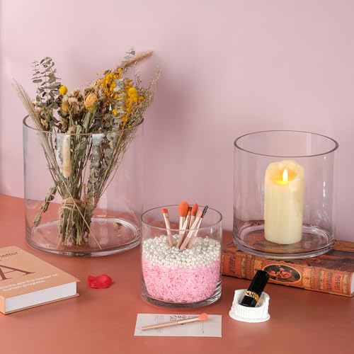 10" Wide 10" Tall Large Hand Blown Sturdy Clear Cylinder Glass Vase, Centerpiece Flower Vase for Rose, Tulip, Boquets, Hurricane Candle Holder (1, 10"x10") - size: 10"x10"