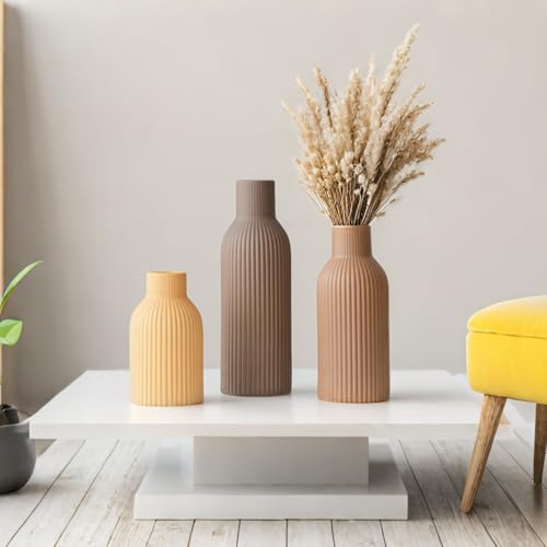 Modern Ceramic Vases Set of 3, Coffee Table Ribbed Decorative Vases, Shelf Table Centerpiece for Home Decor (Coffee Mix) - color: Coffee Mix
