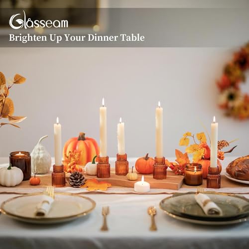Glasseam Glass Tapered Candlestick Holders: Amber Ribbed Set of 2 for Table Centerpiece, Fall Decor, Christmas Party, Halloween, Thanksgiving - color: Amber