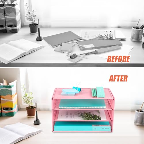 EASEPRES Paper Organizer Tray, 3 Tier Mesh Desk File Organizer Letter Sorter Holder for Home Office, Pink - color: 3 Tier Pink