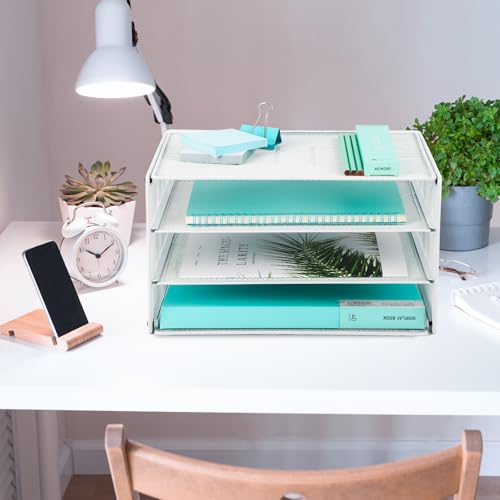 EASEPRES 3 Tier Mesh Desk Organizer Tray, Desktop Mail File Paper Letter Folder Holder Sorter Organization Rack Storage Accessories for Office Home School Classroom, White - color: 3 Tier White
