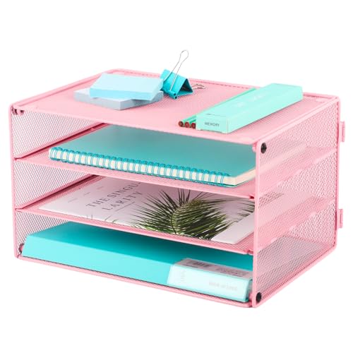 EASEPRES Paper Organizer Tray, 3 Tier Mesh Desk File Organizer Letter Sorter Holder for Home Office, Pink - color: 3 Tier Pink